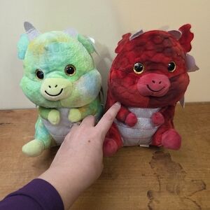 Belly Buddies Dragon Plush 10 Inch  Pair Of 2 Red And Green